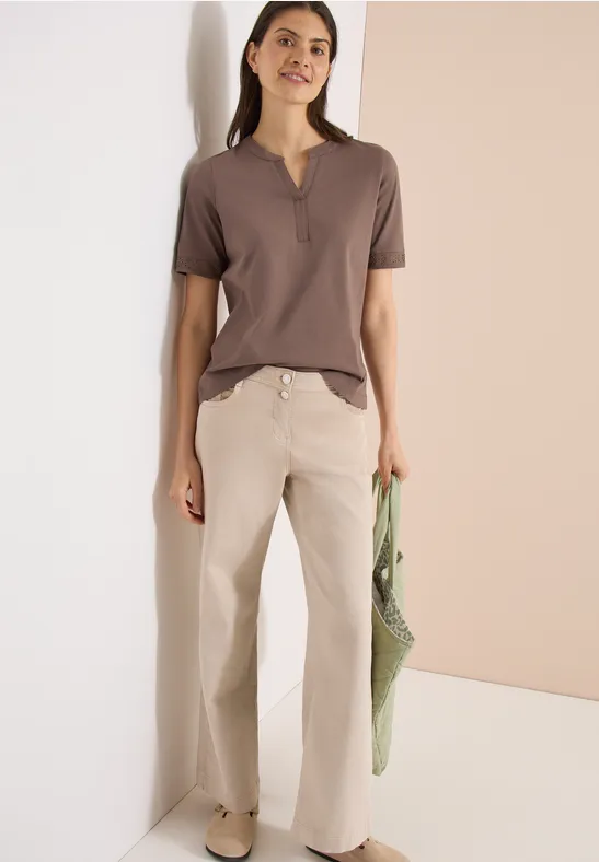 Cecil Damen T-Shirt mit Split Neck und Crochet-Tape in Beige, Gr: 3XL