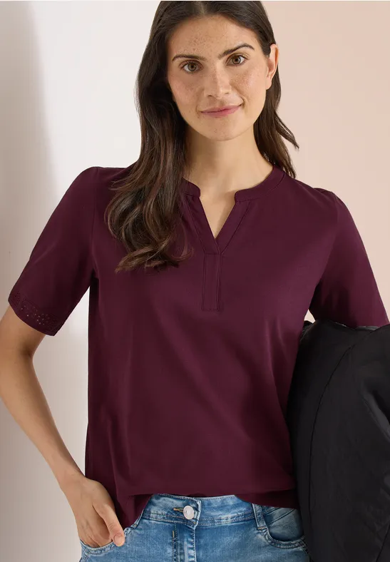 Cecil Damen T-Shirt mit Split Neck und Crochet-Tape in Rot, Gr: 3XL