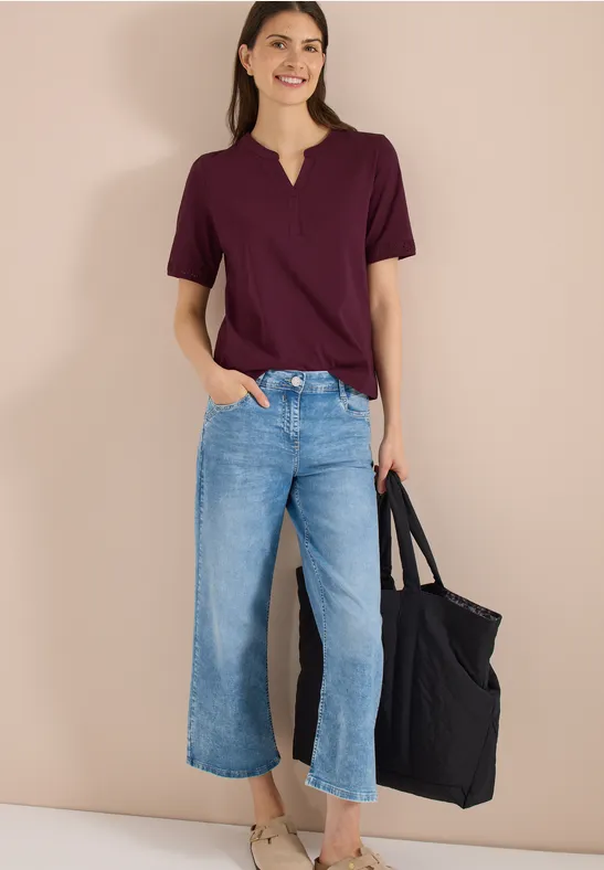 Cecil Damen T-Shirt mit Split Neck und Crochet-Tape in Rot, Gr: 3XL