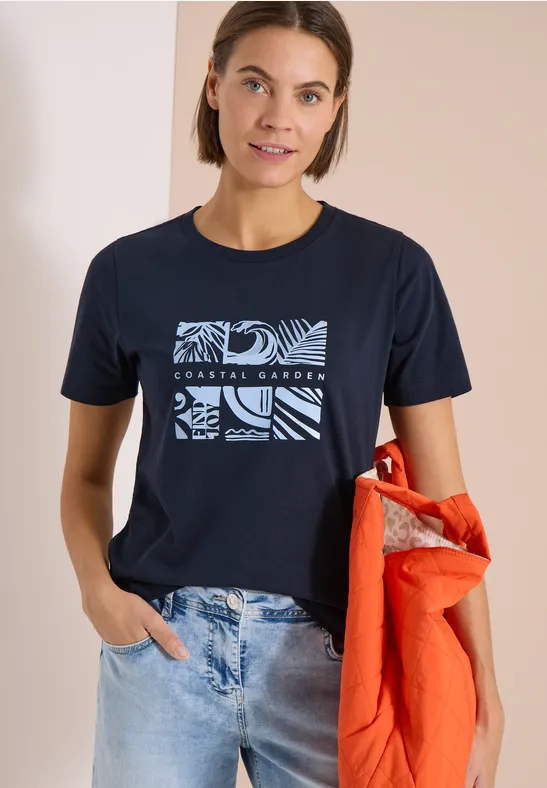 Cecil Damen T-Shirt mit Rundhals und Frontprint in Blau, Gr: 3XL