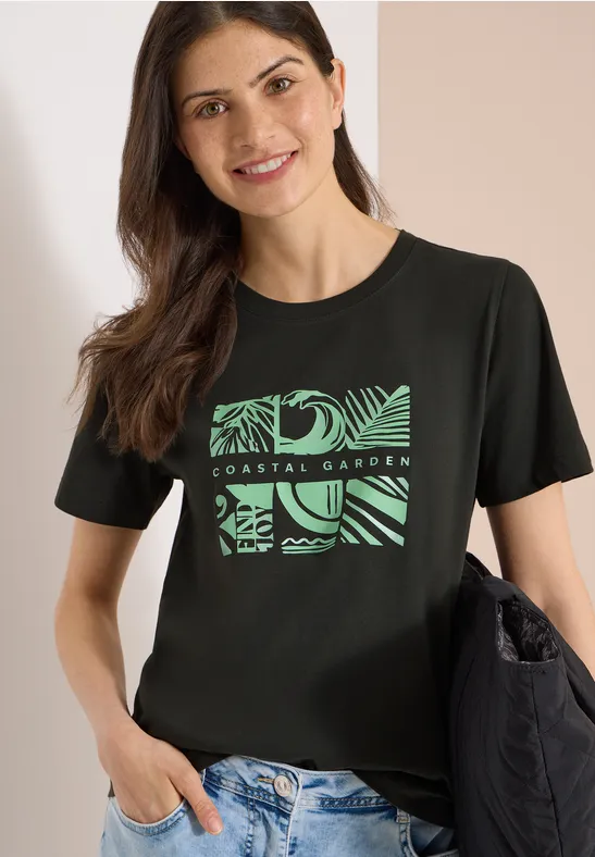Cecil Damen T-Shirt mit Rundhals und Frontprint in Grün, Gr: 3XL