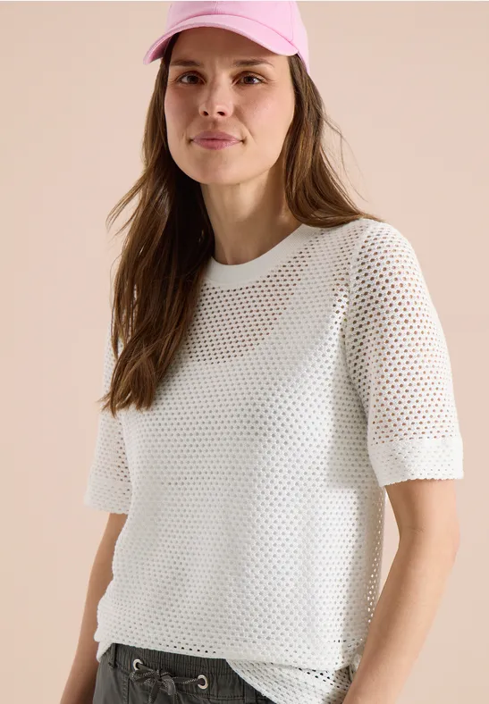 Cecil Damen T-Shirt mit Rundhals in Ajour-Optik in Weiß, Gr: L