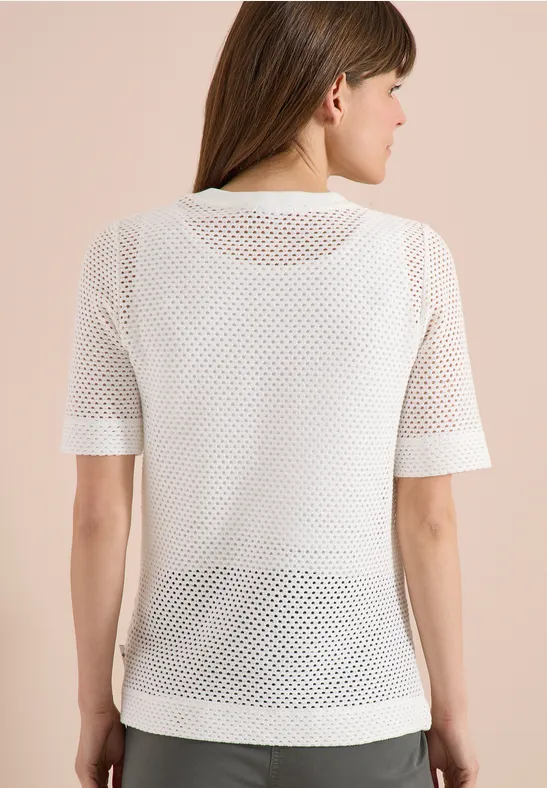 Cecil Damen T-Shirt mit Rundhals in Ajour-Optik in Weiß, Gr: L
