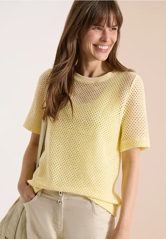 Cecil Damen T-Shirt mit Rundhals in Ajour-Optik in Gelb, Gr: L