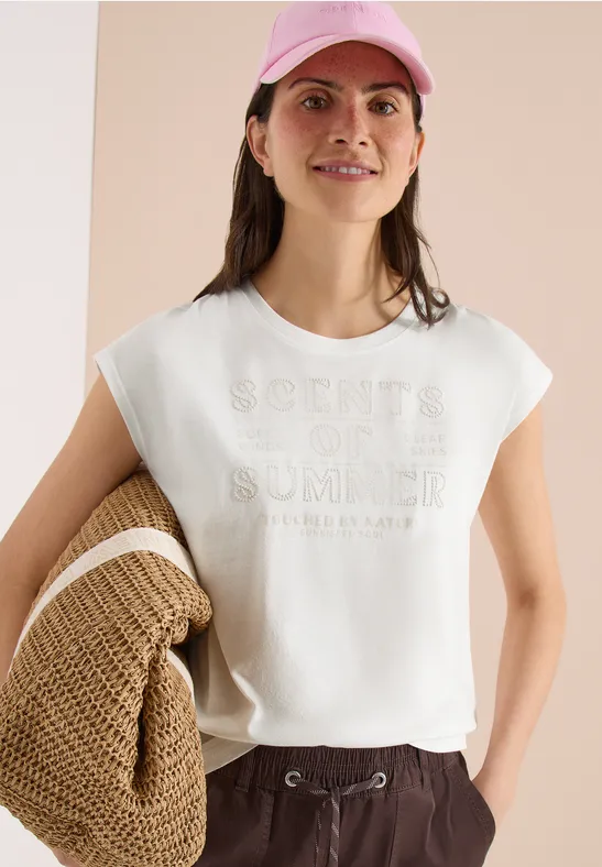 Cecil Damen T-Shirt mit Rundhals und Wording Artwork in Weiß, Gr: L