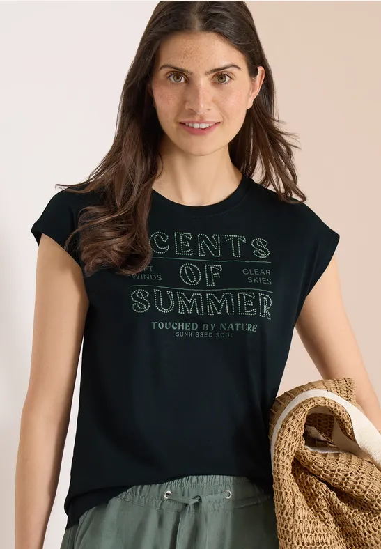 Cecil Damen T-Shirt mit Rundhals und Wording Artwork in Grün, Gr: L