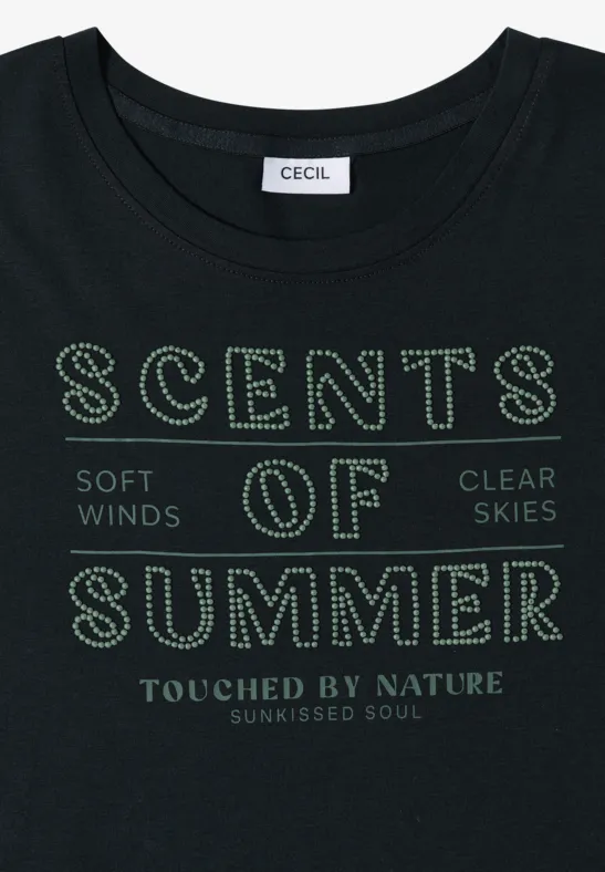 Cecil Damen T-Shirt mit Rundhals und Wording Artwork in Grün, Gr: L