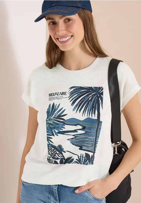 Cecil Damen T-Shirt mit Rundhals und Frontprint in Weiß, Gr: L