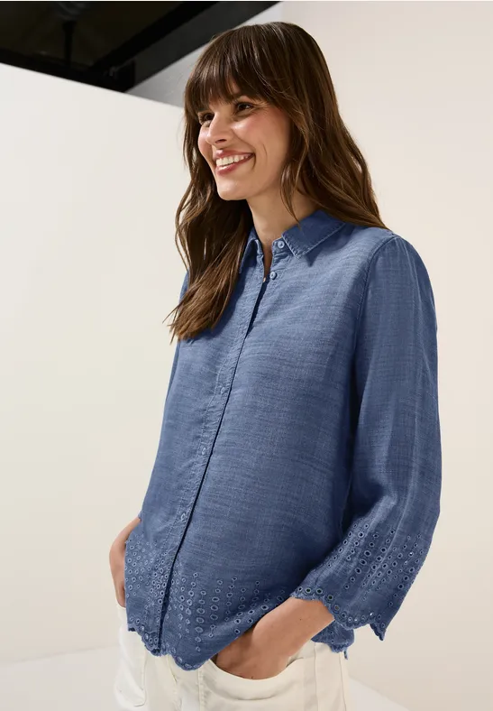 Cecil Damen Lyocellbluse mit Stickerei in Blau, Gr: L