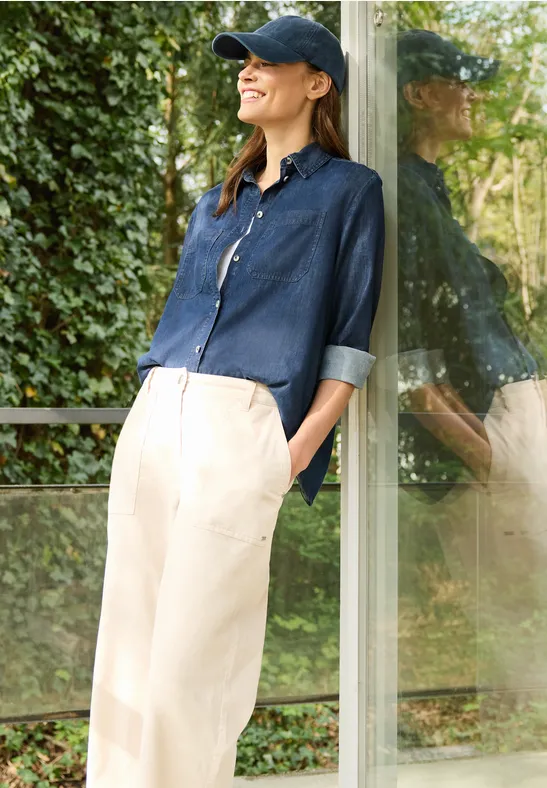 Cecil Damen Denim Look Baumwollhemdbluse in Blau, Gr: S