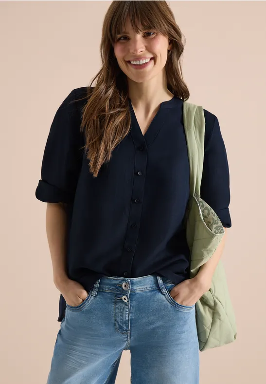 Cecil Damen Bluse mit Split Neck aus Leinenmix in Blau, Gr: L