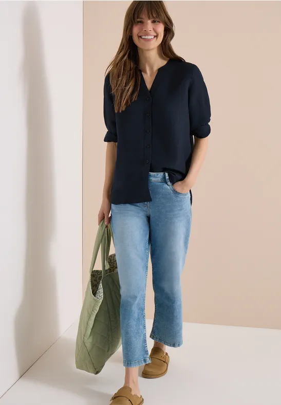 Cecil Damen Bluse mit Split Neck aus Leinenmix in Blau, Gr: L