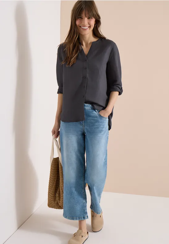 Cecil Damen Bluse mit Split Neck aus Leinenmix in Grau, Gr: L