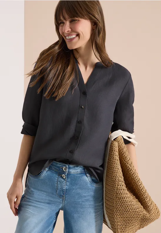 Cecil Damen Bluse mit Split Neck aus Leinenmix in Grau, Gr: L