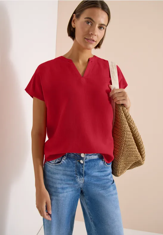 Cecil Damen 3/4-Arm Bluse mit Split Neck und Bändern in Rot, Gr: 3XL