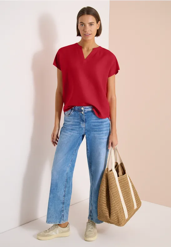Cecil Damen 3/4-Arm Bluse mit Split Neck und Bändern in Rot, Gr: 3XL