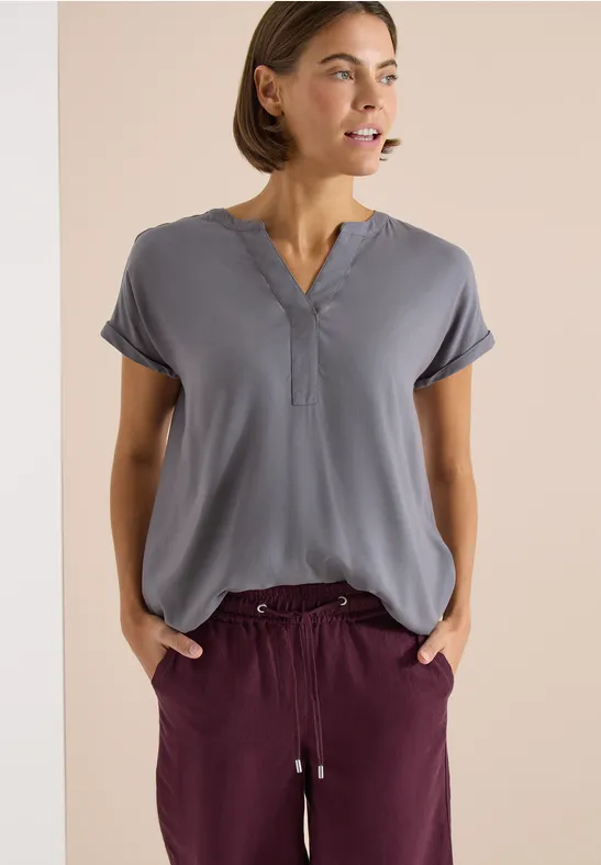 Cecil Damen Kurzarm Bluse mit Split Neck in Grau, Gr: 3XL