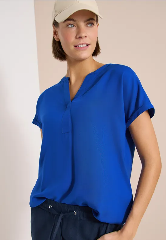 Cecil Damen Kurzarm Bluse mit Split Neck in Blau, Gr: 3XL
