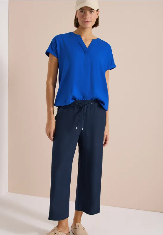 Cecil Damen Kurzarm Bluse mit Split Neck in Blau, Gr: 3XL