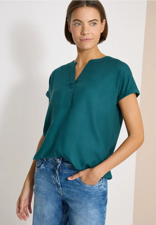 Cecil Damen Kurzarm Bluse mit Split Neck in Grün, Gr: 3XL