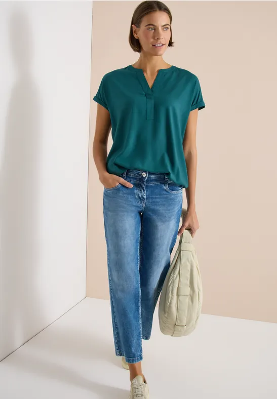 Cecil Damen Kurzarm Bluse mit Split Neck in Grün, Gr: 3XL