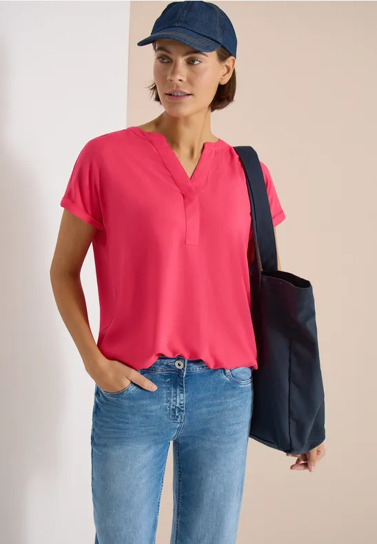 Cecil Damen Kurzarm Bluse mit Split Neck in Rot, Gr: 3XL