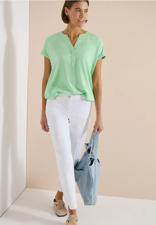 Cecil Damen Kurzarm Bluse mit Split Neck in Grün, Gr: 3XL