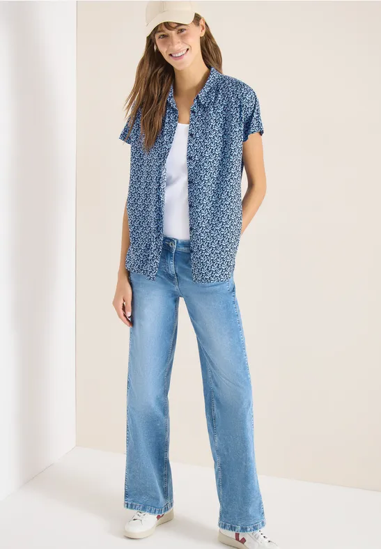 Cecil Damen Kurzarm Bluse mit Knopfleiste in Blau, Gr: L