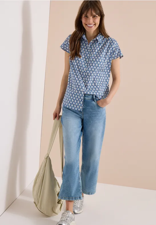 Cecil Damen Kurzarm Bluse mit Minimal Print in Blau, Gr: L
