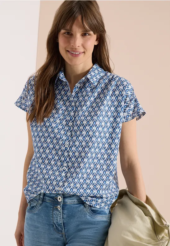 Cecil Damen Kurzarm Bluse mit Minimal Print in Blau, Gr: L