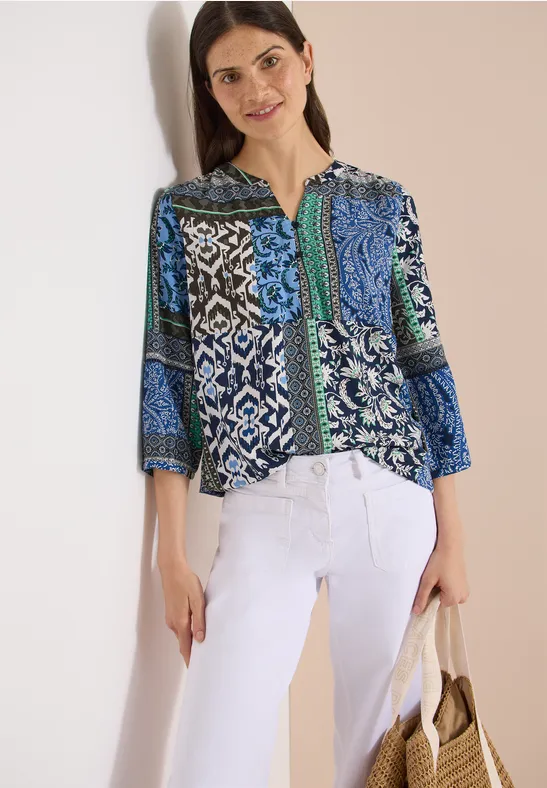 Cecil Damen 3/4-Arm Bluse mit Patchwork-Print in Blau, Gr: 3XL