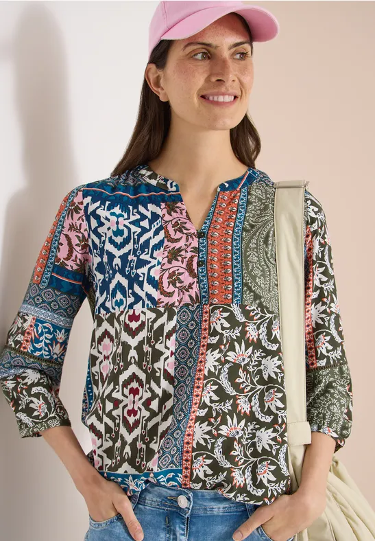 Cecil Damen 3/4-Arm Bluse mit Patchwork-Print in Grün, Gr: 3XL