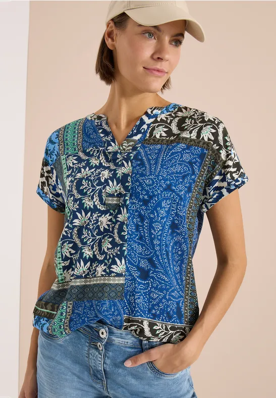 Cecil Damen Kurzarm Bluse mit Patchwork-Print in Blau, Gr: 3XL