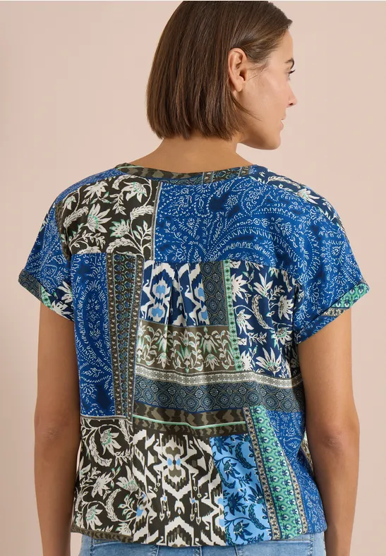 Cecil Damen Kurzarm Bluse mit Patchwork-Print in Blau, Gr: 3XL