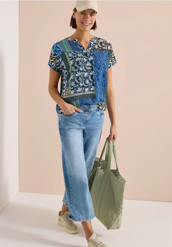 Cecil Damen Kurzarm Bluse mit Patchwork-Print in Blau, Gr: 3XL