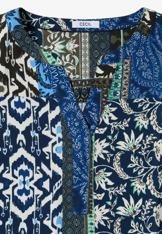 Cecil Damen Kurzarm Bluse mit Patchwork-Print in Blau, Gr: 3XL