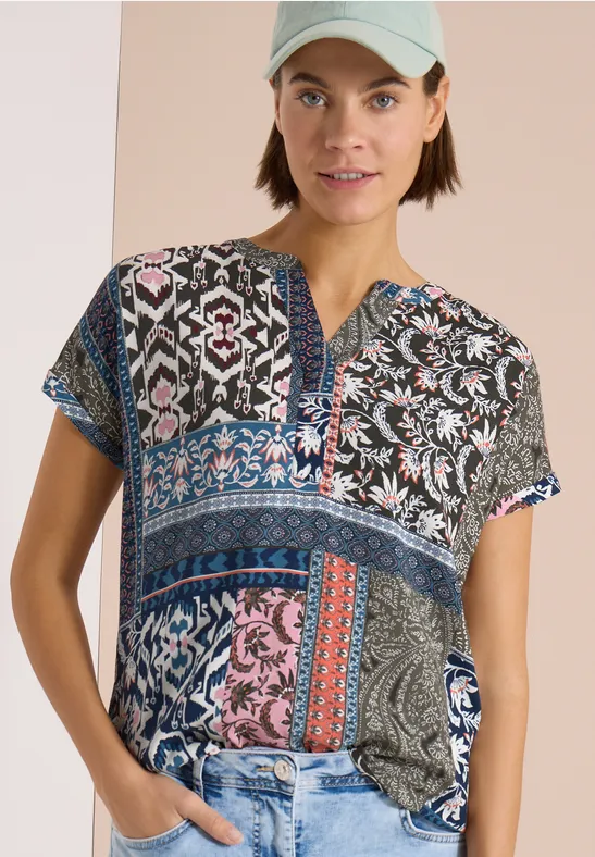 Cecil Damen Kurzarm Bluse mit Patchwork-Print in Grün, Gr: 3XL