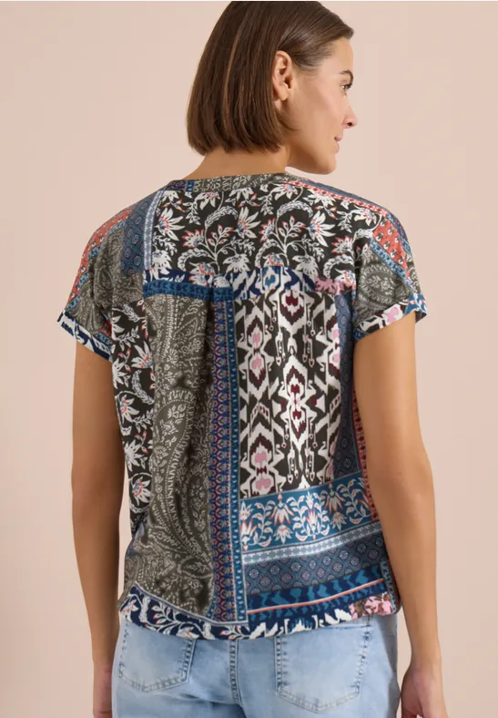 Cecil Damen Kurzarm Bluse mit Patchwork-Print in Grün, Gr: 3XL