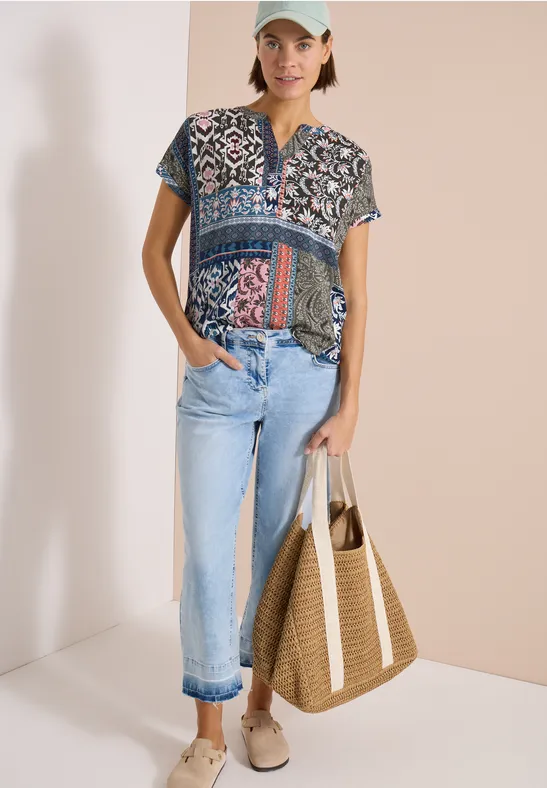 Cecil Damen Kurzarm Bluse mit Patchwork-Print in Grün, Gr: 3XL