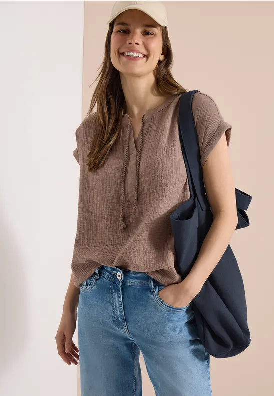 Cecil Damen Bluse mit Split Neck aus Musselinstoff in Beige, Gr: 3XL