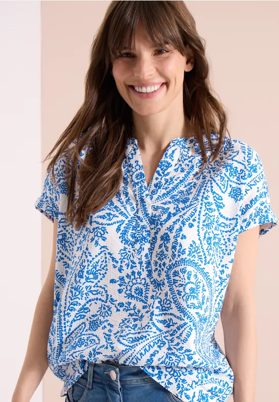 Cecil Damen Kurzarm Bluse in Seersuckerqualität in Weiß, Gr: 3XL