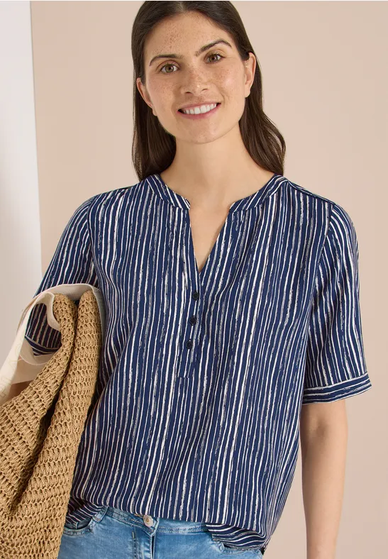 Cecil Damen Bluse mit Split Neck und Streifen in Blau, Gr: 3XL