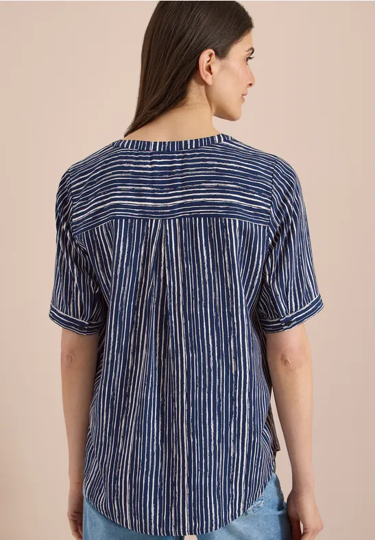Cecil Damen Bluse mit Split Neck und Streifen in Blau, Gr: 3XL
