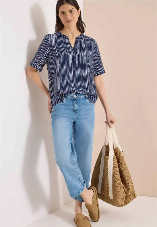 Cecil Damen Bluse mit Split Neck und Streifen in Blau, Gr: 3XL