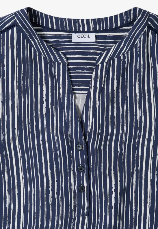 Cecil Damen Bluse mit Split Neck und Streifen in Blau, Gr: 3XL