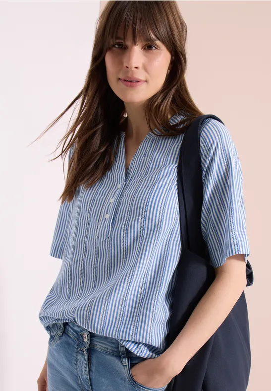 Cecil Damen Bluse mit Split Neck und Streifen in Blau, Gr: 3XL