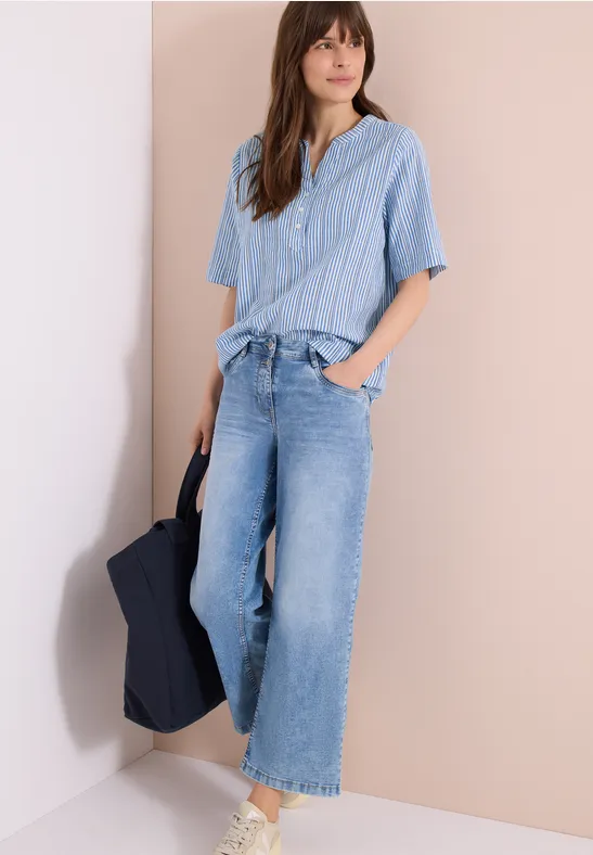 Cecil Damen Bluse mit Split Neck und Streifen in Blau, Gr: 3XL
