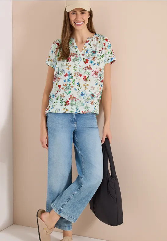 Cecil Damen Bluse mit Split Neck und floralem Muster in Weiß, Gr: 3XL