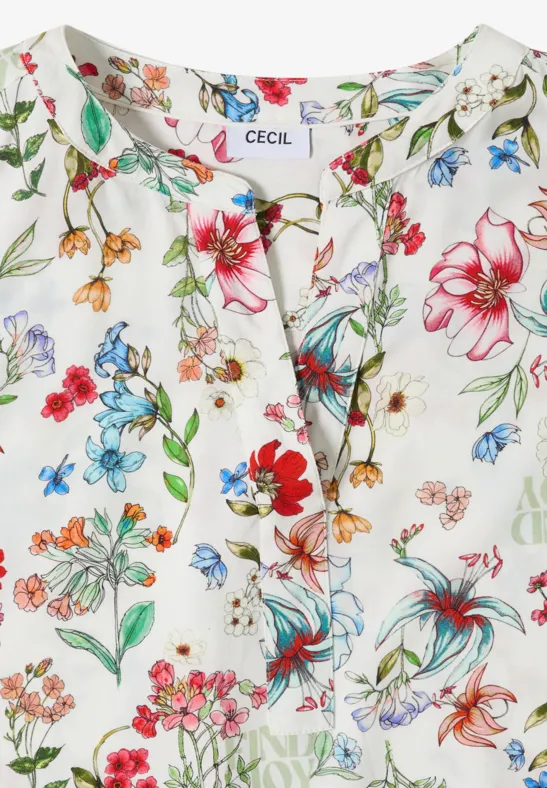 Cecil Damen Bluse mit Split Neck und floralem Muster in Weiß, Gr: 3XL