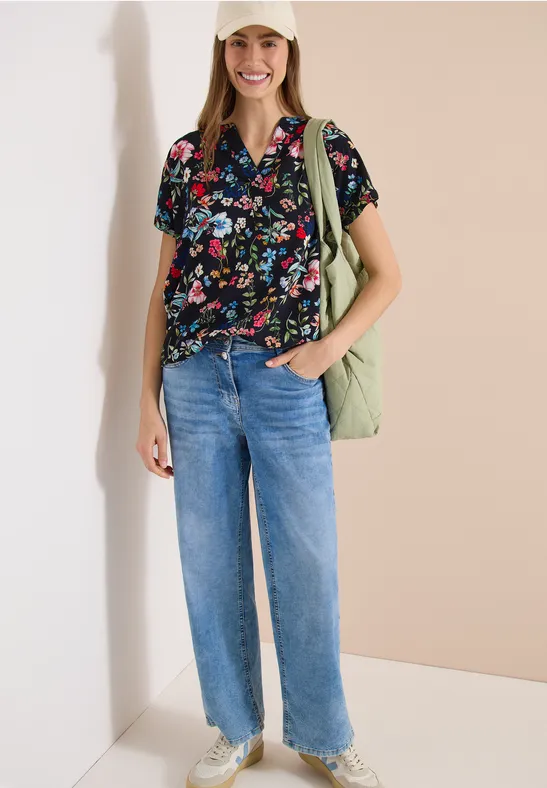 Cecil Damen Bluse mit Split Neck und floralem Muster in Blau, Gr: 3XL